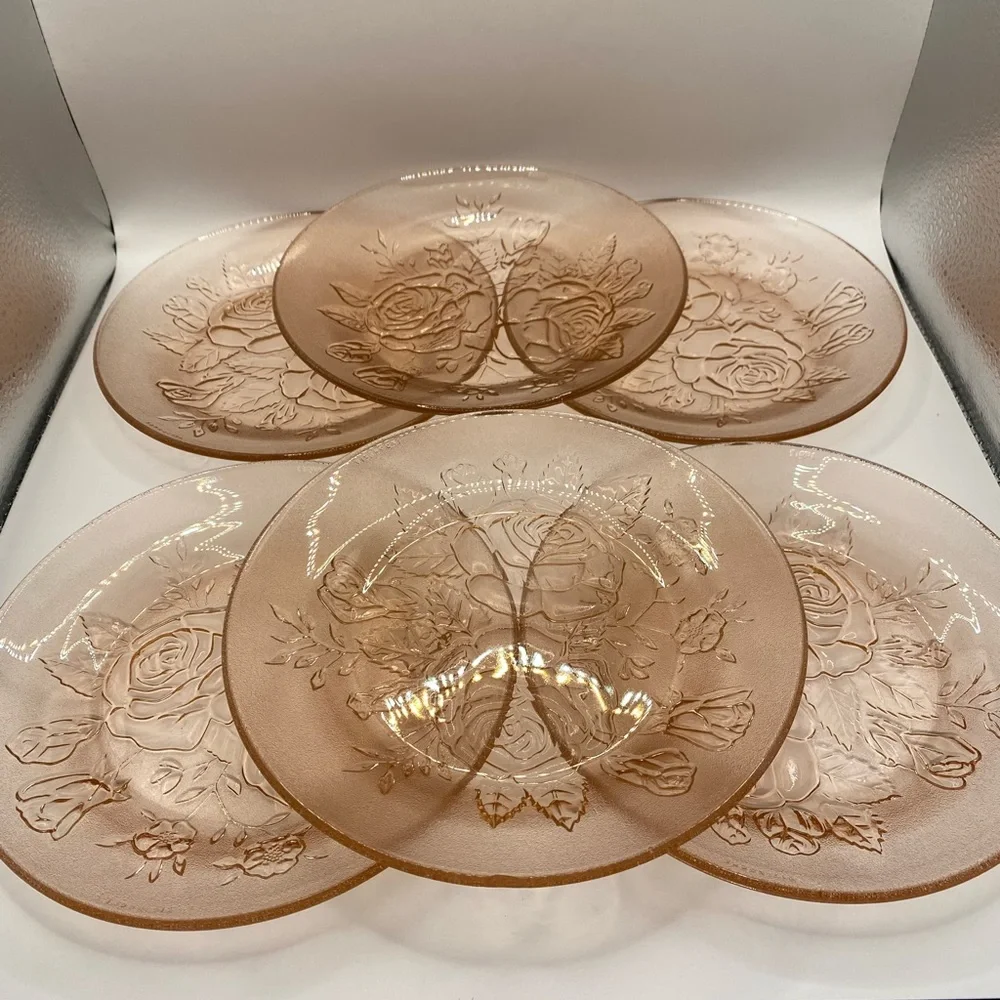 Firna Indonesia pink glass salad plates. Rose pattern pressed glass. Vintage. - Picture 1 of 6
